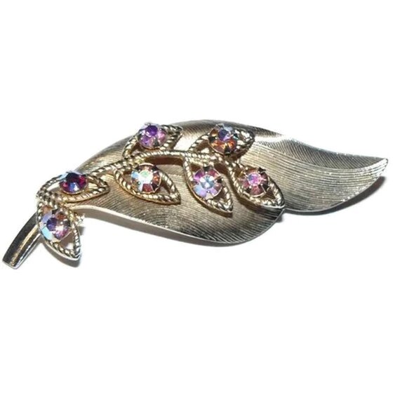 Vintage Aurora Borealis Rhinestones Leaf Brooch, Classic Aurora Borealis Brooch - Picture 1 of 3